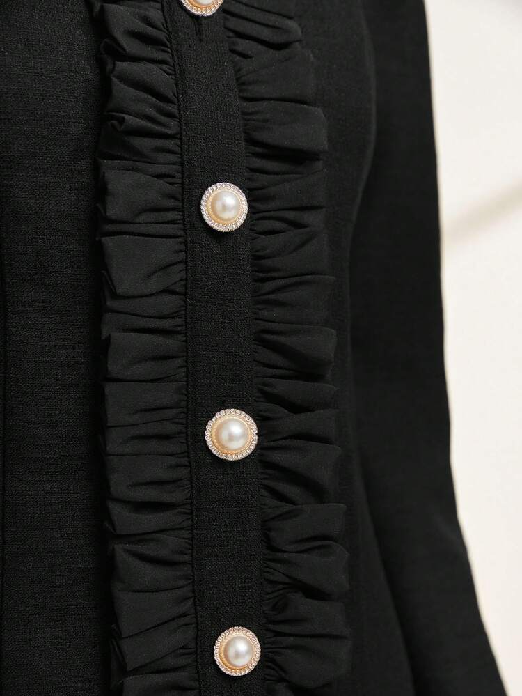 Frill Trim Button Front Coat Without Belt Fall Cloth For Women