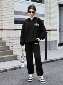 SHEIN Teen Girl Letter Graphic Drop Shoulder Hoodie & Sweatpants - Black - View 5