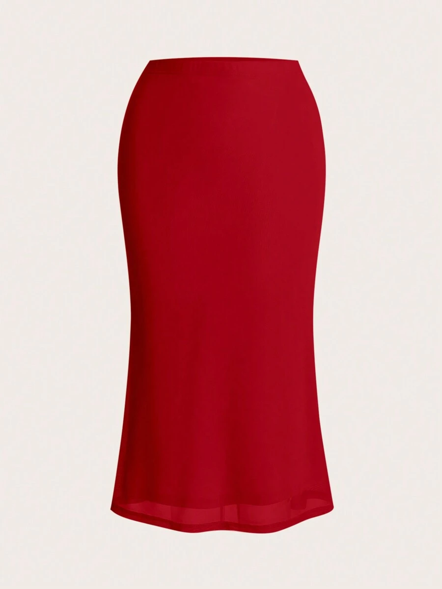 SHEIN EZwear 音乐会鱼尾星日月印花黑色薄纱网裙 - 紅色 - 查看 1