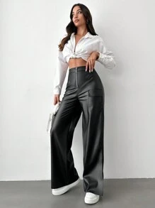 EURMUSE Flap Pocket Zipper Front Split Hem PU Leather Pants - Black - View 3