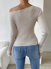 SHEIN Privé Jersey de cuello barco tejido de canalé - Albaricoque - Ver 2