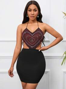 VaVaBold Rhinestone Heart Pattern Tie Backless Halter Neck Backless Dress