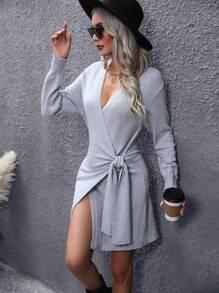 SHEIN LUNE Solid Knot Side Wrap Cardigan