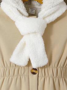 SHEIN Conjunto de otoño-invierno para niña con chaqueta polar caqui/marrón, bonito gorro de orejas de conejito peludo blanco, bufanda blanca informal elegante y abrigo estilo chaleco con botón, ideal para exteriores y vacaciones - Albaricoque - Ver 6