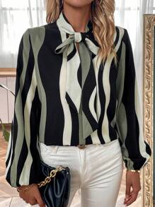 SHEIN LUNE Blusa con manga farol y cuello anudado en bloques de color - Multicolor - Ver 6