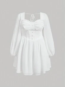SHEIN MOD Plus Size愛心領燈籠袖牛奶女郎裝洋裝 - 白色 - 查看 1