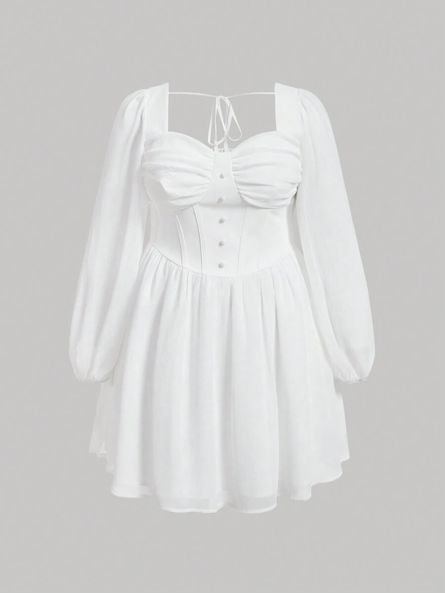 SHEIN MOD Plus Size愛心領燈籠袖牛奶女郎裝洋裝 - 白色 - 查看 1