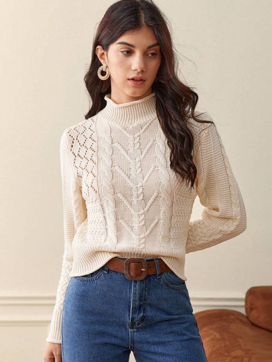 SHEIN Frenchy Solid Cable Knit Sweater Winter Casual - Apricot - View 1