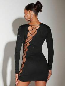 SHEIN BAE Lace Up Side Cut Out Backless Bodycon Sweater Dress - Black - View 4