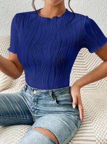 SHEIN Frenchy 女士纯色圆领镂空刺绣短袖紧身衣，时尚，返校服装，复古风格，秋季服装，7 月 4 日服装，教师服装 - 藏蓝色 - 查看 3