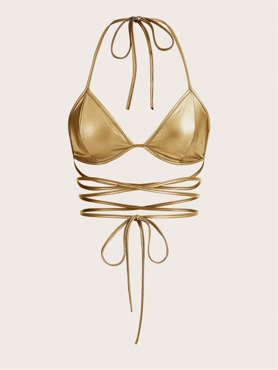 SHEIN ICON Crisscross Tie Backless Halter Golden Top - Gold - View 1