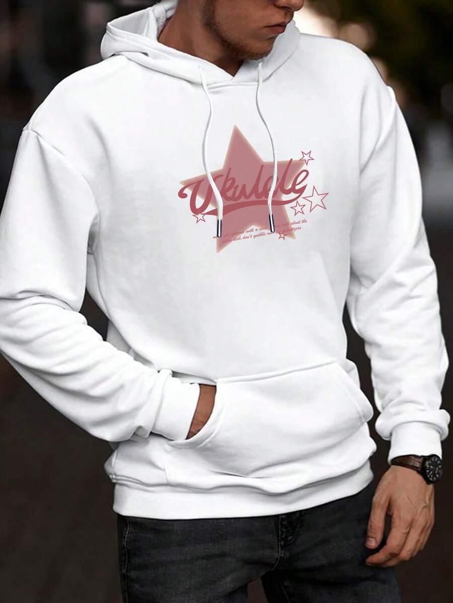 Nam Ngôi sao & Đồ họa Chữ cái Túi kangaroo Dây rút Hoodie - trắng - Xem 1