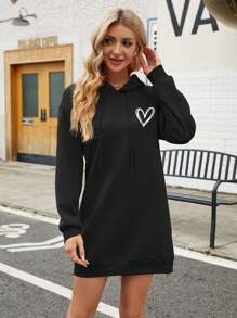 SHEIN Essnce Heart Print Drop Shoulder Drawstring Hoodie Dress - Black - View 5