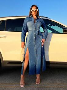 SHEIN SXY Robe En Jean Poche À Rabat Fendu Ceinturé