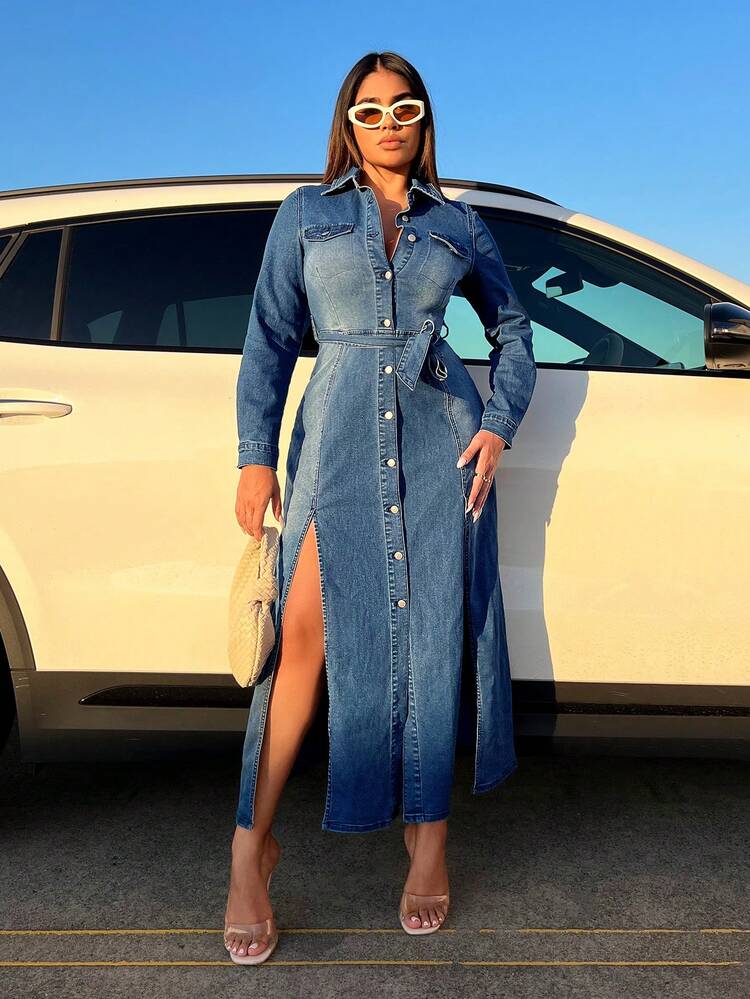 Flap Pocket Split Thigh Belted Denim Dress