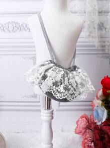 Baby Girl Fuzzy Trim Contrast Embroidery Mesh Double Breasted Overcoat & Bag - Grey - View 3