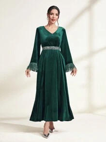 Modelyn Viền rìa Tay áo loe Nhung Đầm - Màu xanh lá cây đậm - Xem 3