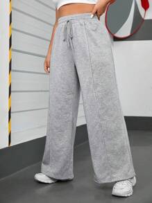 SHEIN EZwear 大碼腰部抽繩闊腿衛褲 - 灰色 - 查看 4
