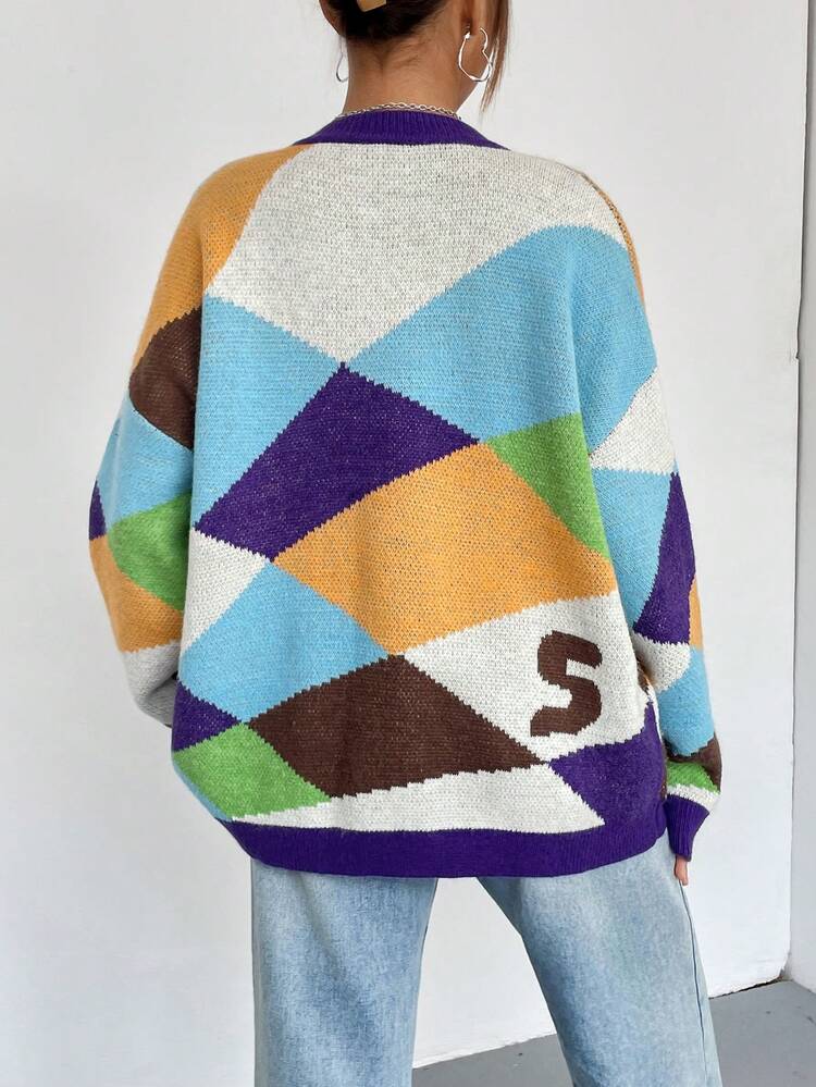 Letter Pattern Drop Shoulder Knit Pullover Fall Winter Sweater