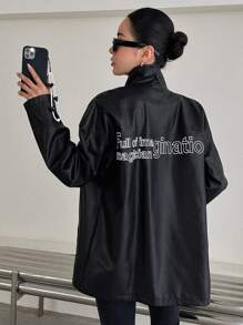 DAZY 字母图案插肩袖 PU 皮革外套女式夹克，秋季女装 - 黑色 - 查看 1