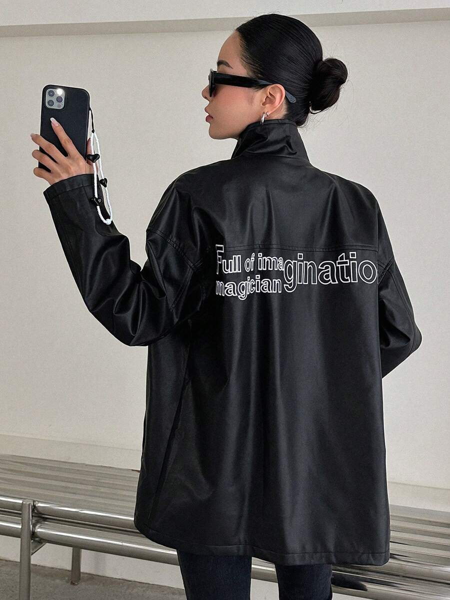 DAZY 字母图案插肩袖 PU 皮革外套女式夹克，秋季女装 - 黑色 - 查看 1