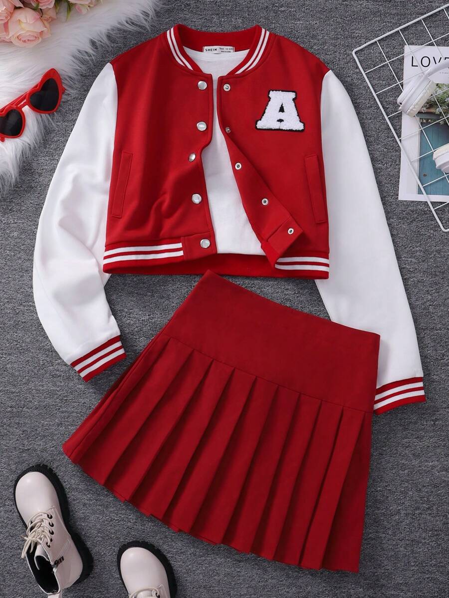 SHEIN Teen Girl Letter Patched Striped Trim Jacket & Pleated Skirt, School, Campus, College