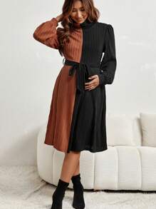 SHEIN Maternity Two Tone Mock Neck Belted Dress - Black - View 4