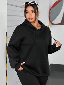 SHEIN EZwear Sudadera oversize con gráfico de eslogan y hombros caídos - Negro - Ver 4
