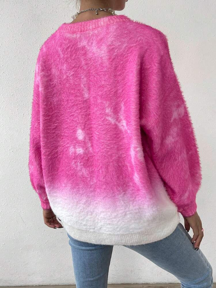 Ombre Drop Shoulder Fuzzy Knit Pullover Fall Winter Sweater