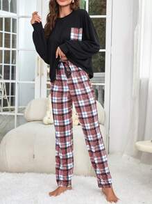 Plaid Pocket Patched Tee & Pants Lounge Set - Black - View 1