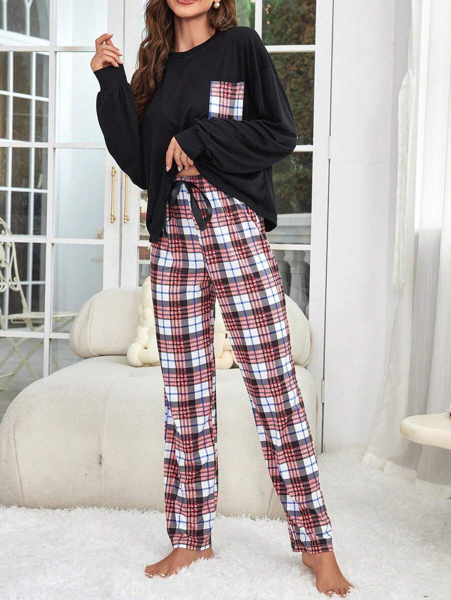Plaid Pocket Patched Tee & Pants Lounge Set - Black - View 1