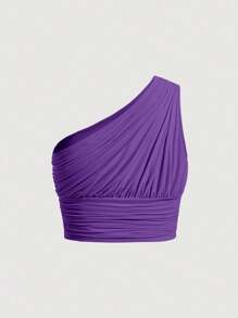 SHEIN MOD One Shoulder Ruched Crop Top - Purple - View 2