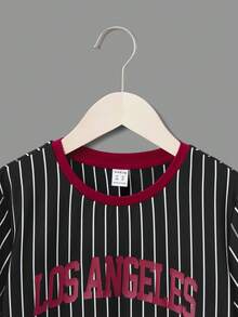 SHEIN Tween Boy Striped & Letter Graphic Contrast Binding Tee - Red - View 4