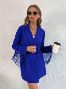 Allurite Lapel Neck Fringe Trim Double Button Blazer Dress - Blue - View 5