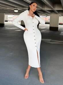 SHEIN SXY Button Front Bodycon Sweater Dress - White - View 5