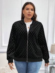 SHEIN Clasi Hơn Họa tiết Argyle Dây kéo Áo khoác bomber - màu đen - Xem 3