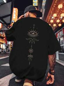 男士日月圖案落肩T恤 - 黑色 - 查看 1