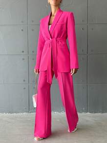 EURMUSE Shawl Collar Belted Blazer & Flare Leg Pants - Hot Pink - View 6