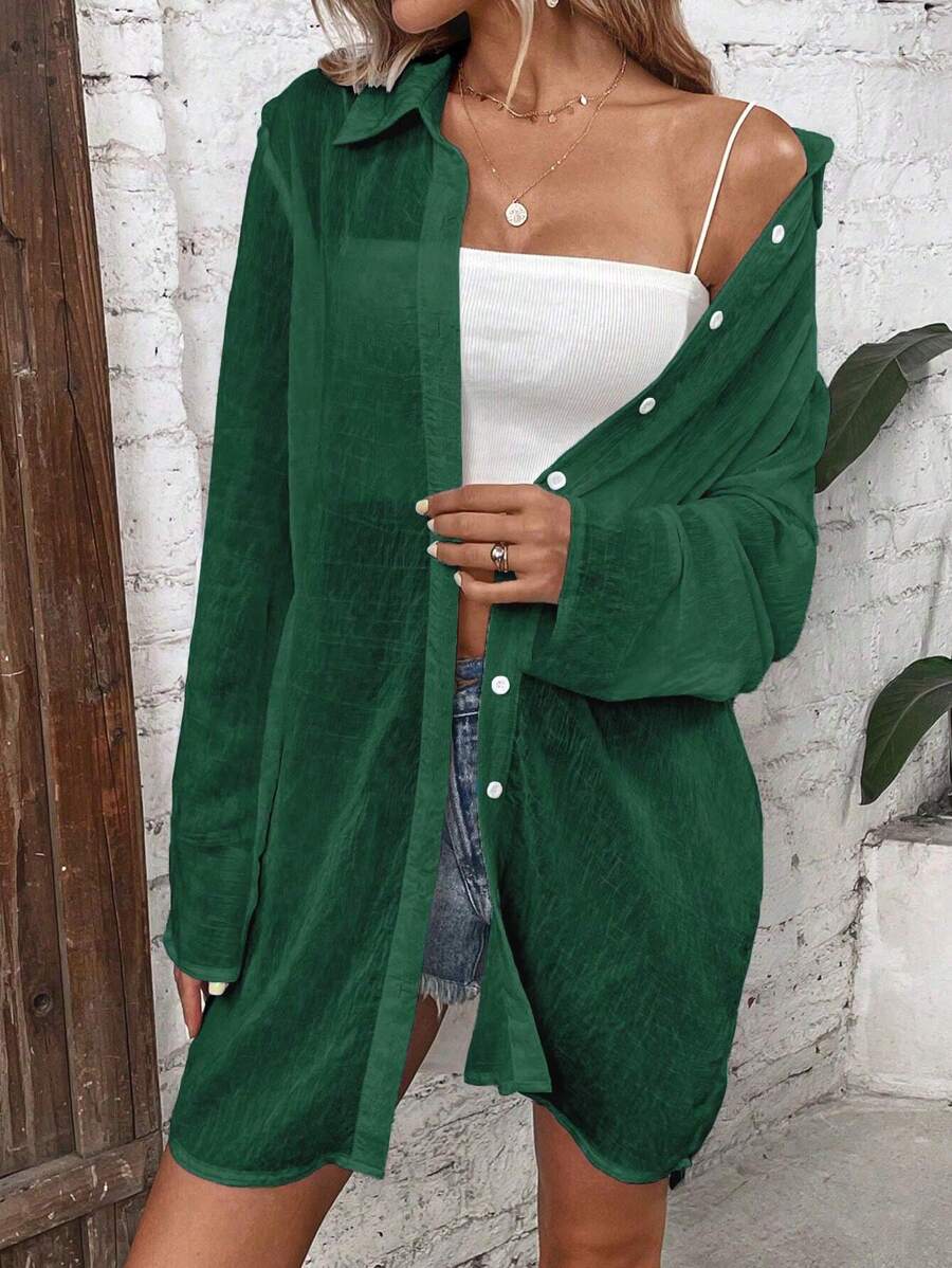 SHEIN LUNE Camisa unicolor con botón delantero - Verde - Ver 1
