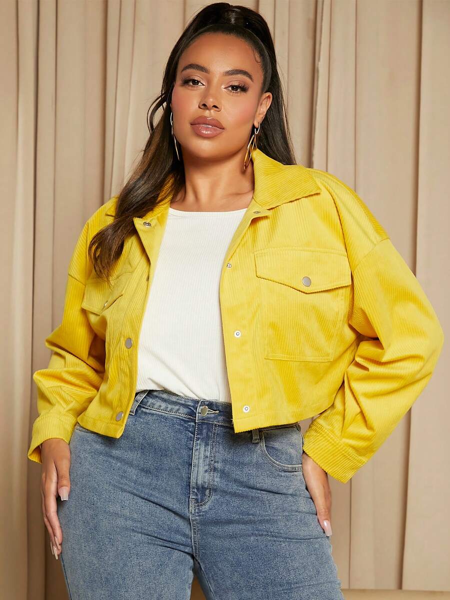 SHEIN SXY Plus Flap Pocket Drop Shoulder Corduroy Jacket - Yellow - View 1