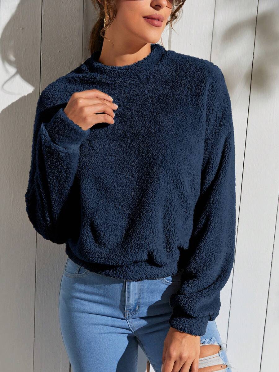 SHEIN LUNE Solid Drop Shoulder Fluffy Sweatshirt - Navy Blue - View 1