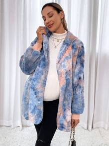 SHEIN Maternity Tie Dye Open Front Teddy Coat, For Winter - Multicolor - View 3