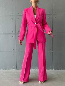 EURMUSE Shawl Collar Belted Blazer & Flare Leg Pants - Hot Pink - View 4