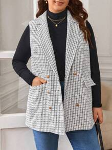 SHEIN Frenchy 大碼格紋雙排釦背心大衣