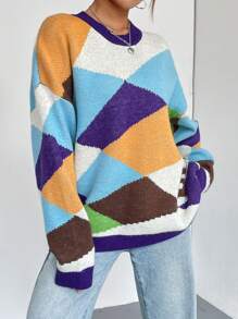 Chiquease Letter Pattern Drop Shoulder Sweater Knit Pullover Fall Winter Outfit