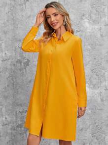 EMERY ROSE Solid Hidden Pocket Shirt Dress - Mustard Yellow - View 4