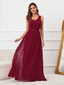 Asymmetrical Neck Chiffon Maxi Cocktail Dress - Burgundy - View 6