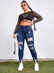 SHEIN ICON Plus High Waist Ripped Raw Cut Skinny Jeans - Dark Wash - View 5