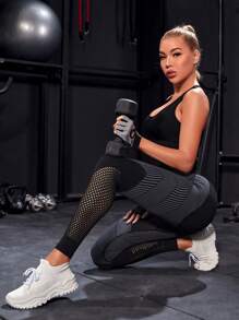 Powerista Leggings deportivos para mujer con estampado de rayas y cintura ancha - Negro - Ver 4