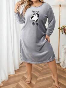大碼貓熊和字母刺繡法蘭絨睡裙